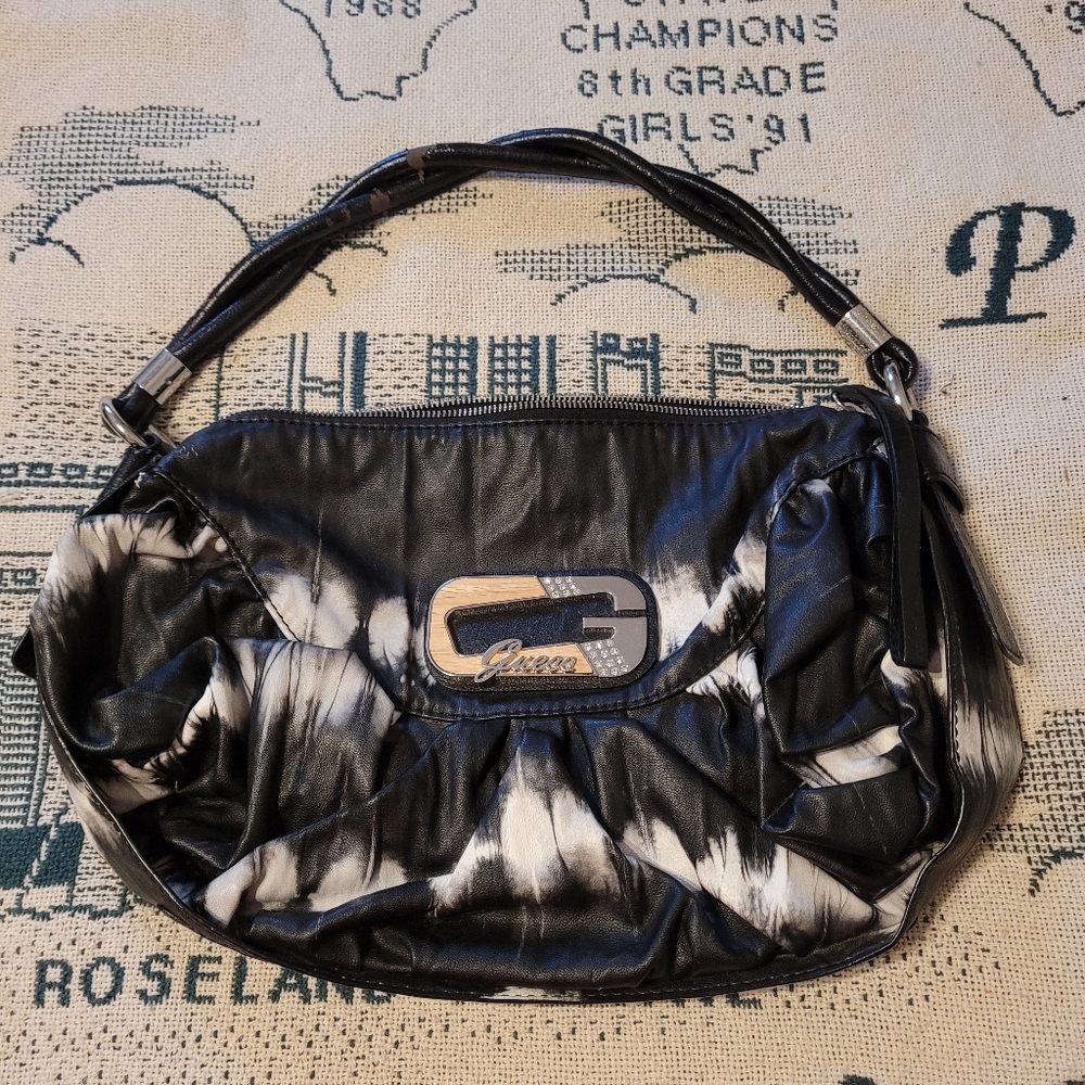 Guess Black/White Tie Dye Faux Leather Shoulder Bag
